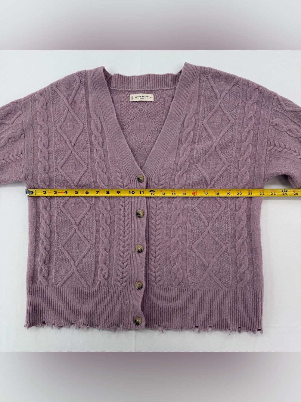 Lucky Brand Dusty Lilac Cable Knit Cardigan Sweater Medium Distressed Hem - Picture 9 of 15